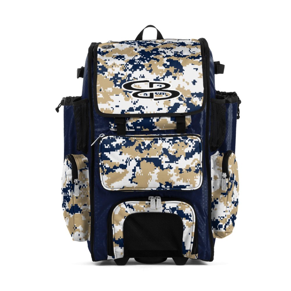 Boombah Rolling Superpack Baseball/Softball Gear Bag - BRSP2CMC23 Digital Camo Navy/Vegas Gold - Telescopic Handle - Holds 4 Bats - Wheeled Version