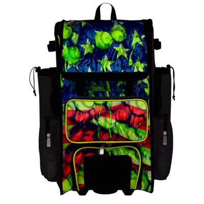 Boombah Rolling Superpack Baseball/Softball Gear Bag - Telescopic Handle - Holds 4 Bats - Wheeled Version - USA Softball Ballpark Black/Royal Blue/Red