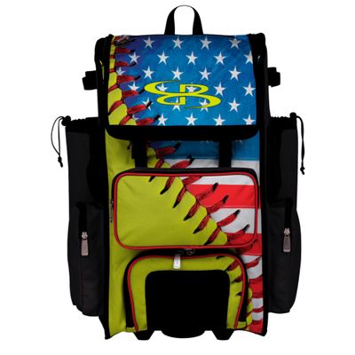 Boombah Rolling Superpack Baseball/Softball Gear Bag - Telescopic Handle - Holds 4 Bats - Wheeled Version - USA Softball Classic Optic Yellow/Royal Blue/Red