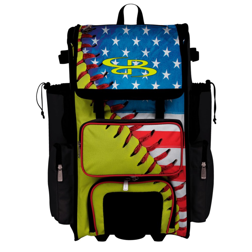 Boombah Rolling Superpack Baseball/Softball Gear Bag - Telescopic Handle - Holds 4 Bats - Wheeled Version - USA Softball Classic Optic Yellow/Royal Blue/Red