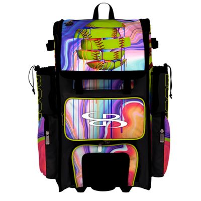 Boombah Superpack Hybrid Rolling Bat Bag - Wheeled & Backpack Version - Softball Focus Optic Yellow/Black/Amethyst Orchid