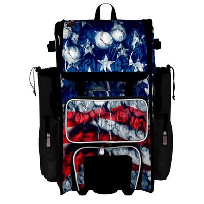 Boombah Rolling Superpack Baseball/Softball Gear Bag - Telescopic Handle - Holds 4 Bats - Wheeled Version - USA Baseball Ballpark Black/Royal Blue/Red
