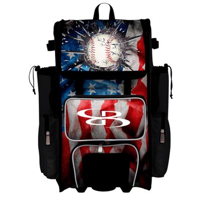 Boombah Rolling Superpack Baseball/Softball Gear Bag - Telescopic Handle - Holds 4 Bats - Wheeled Version - USA Baseball Grand Slam Black/Red/White