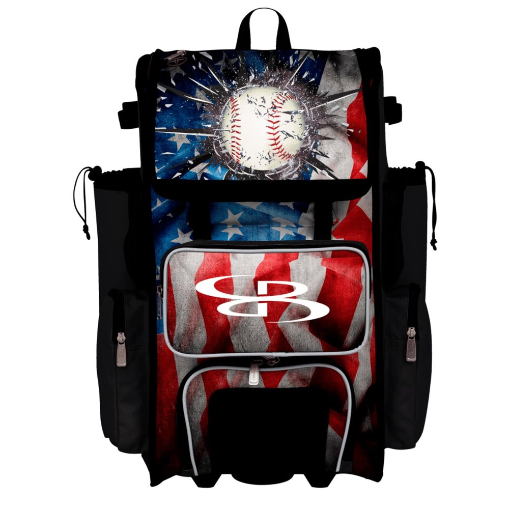 Boombah Rolling Superpack Baseball/Softball Gear Bag - Telescopic Handle - Holds 4 Bats - Wheeled Version - USA Baseball Grand Slam Black/Red/White