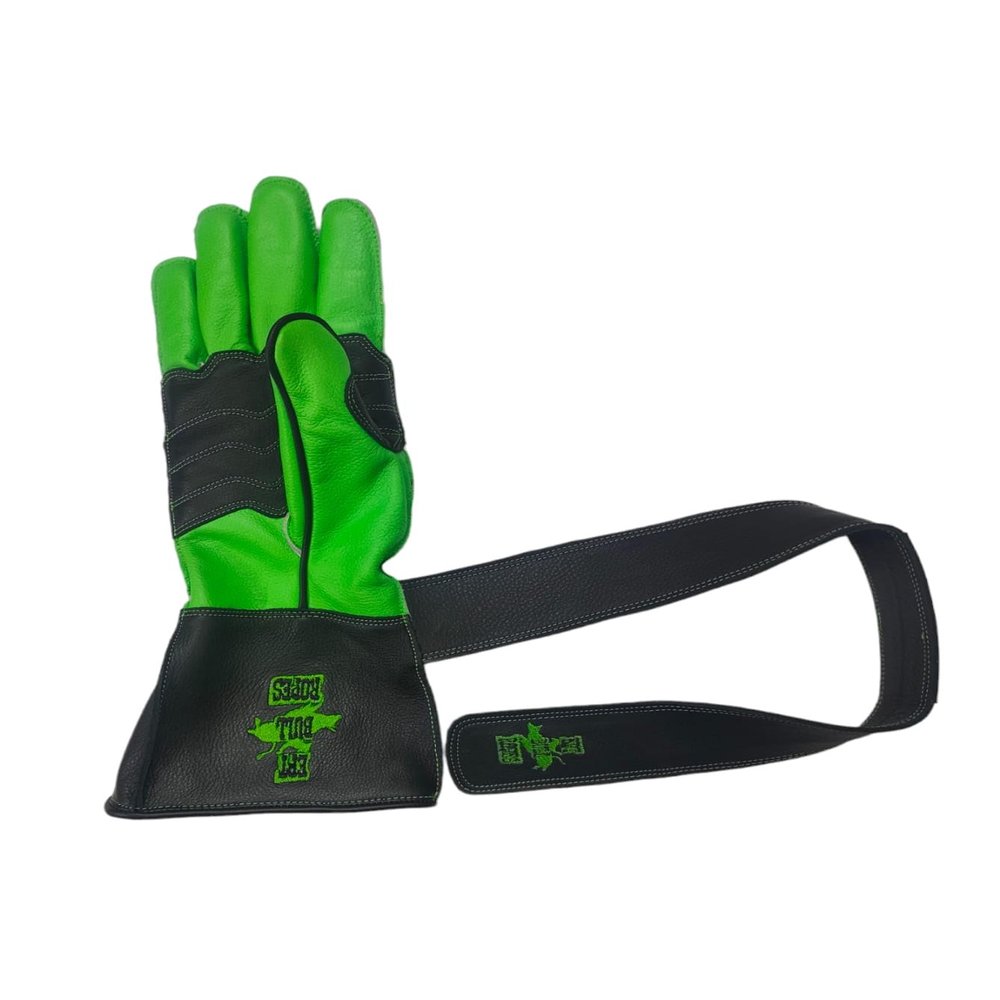 EPT Bull Ropes Premium Reinforced Bull Riding Glove w Strap - Adult & Youth Outer Seam Right or Left Hand Black & Green Calf Skin Sizes: 5.0-10.5 (8.0 Left Hand)