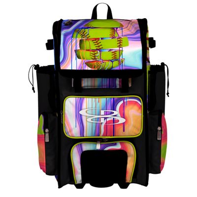 Boombah Rolling Superpack Baseball/Softball Gear Bag - Telescopic Handle - Holds 4 Bats - Wheeled Version - Softball Focus Optic Yellow/Black/Amethyst Orchid