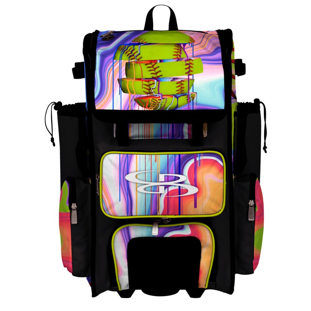 Boombah Rolling Superpack Baseball/Softball Gear Bag - Telescopic Handle - Holds 4 Bats - Wheeled Version - Softball Focus Optic Yellow/Black/Amethyst Orchid