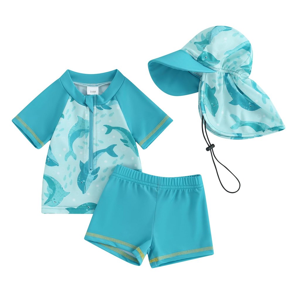 Toddler Baby Boys 3 Pieces Swimsuit Set Swimwear Dinosaur Shark Zipper Bathing Suit UPF 50+ Rash Guards with Hat (ZA Short Sleeve Sky Blue Dolphin, 2-3 Years)