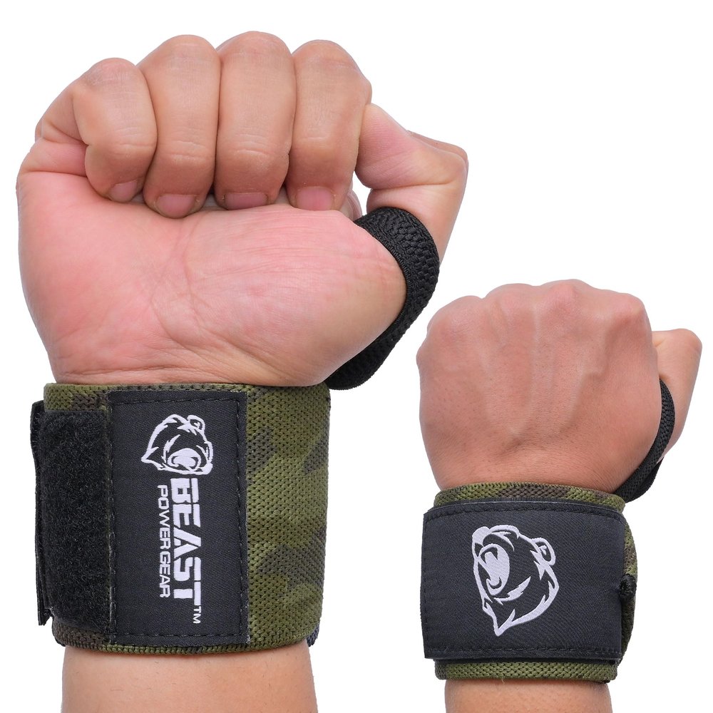 Beast Power Gear Wrist Wraps for Weightlifting 18 Premium Quality Wrist Support for Bodybuilding Thumb Loop Powerlifting, Strength Training for Men and Women (Green Camo, 18")