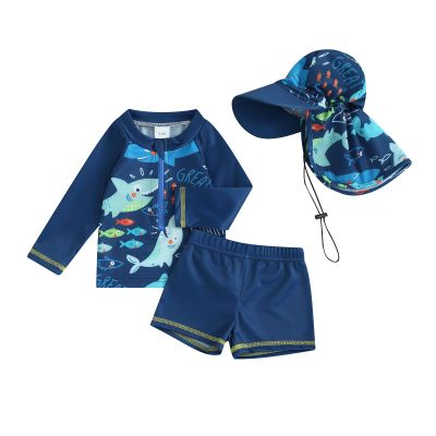 Toddler Baby Boys 3 Pieces Swimsuit Set Swimwear Dinosaur Shark Zipper Bathing Suit UPF 50+ Rash Guards with Hat (ZB Long Sleeve Blue Fish, 4-5 Years)