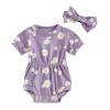 Baby Girls Romper Round Neck Short Sleeve Ribbed Daisy Bodysuit Toddler Summer Smocked Romper Clothes with Headband (A Purple, 9-12 Months) view 1