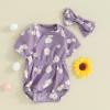 Baby Girls Romper Round Neck Short Sleeve Ribbed Daisy Bodysuit Toddler Summer Smocked Romper Clothes with Headband (A Purple, 9-12 Months) view 2