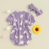 Baby Girls Romper Round Neck Short Sleeve Ribbed Daisy Bodysuit Toddler Summer Smocked Romper Clothes with Headband (A Purple, 9-12 Months) view 3
