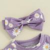 Baby Girls Romper Round Neck Short Sleeve Ribbed Daisy Bodysuit Toddler Summer Smocked Romper Clothes with Headband (A Purple, 9-12 Months) view 4