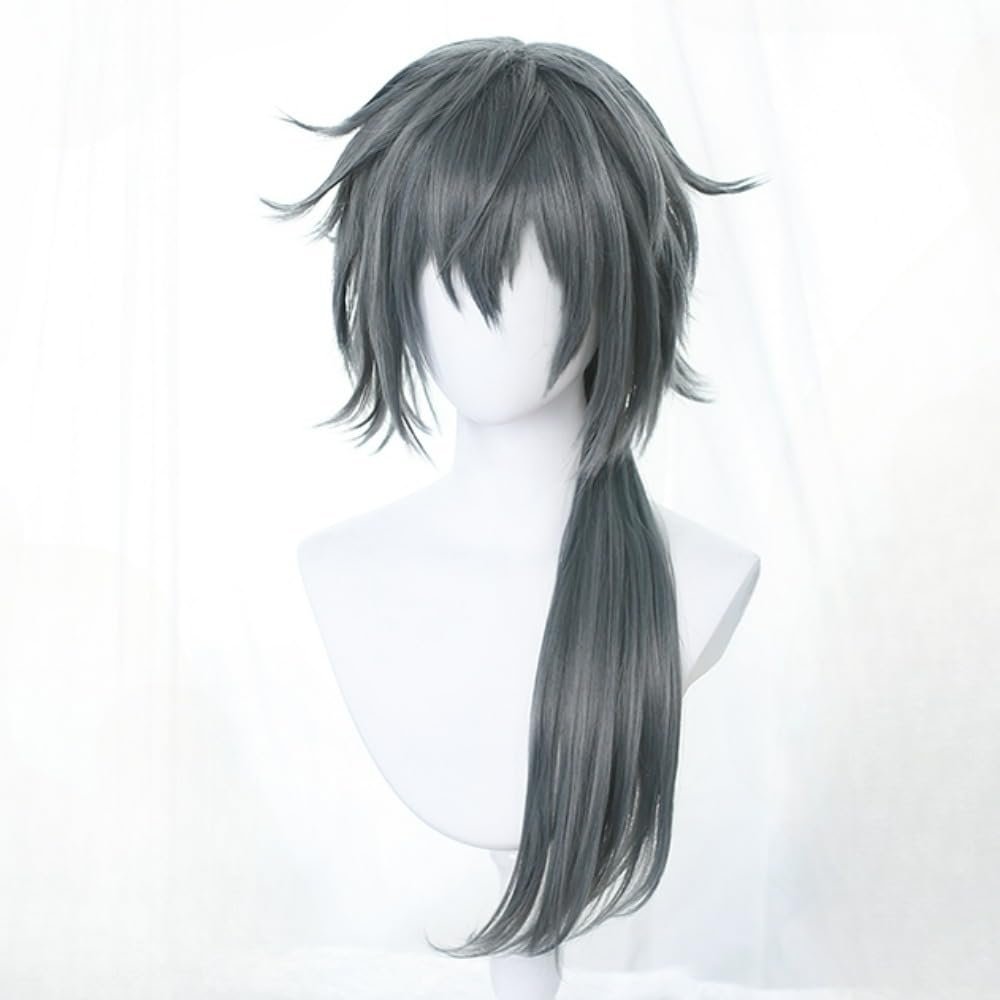 SCORRO Shiina Niki Cosplay Wig, Long Gray Blue Mixed Ponytail Wigs, Anime Game Ensemble Stars Men Costume Replacement Wigs Hair Cos Cute Wig for Party Carnival Comic Exhibition