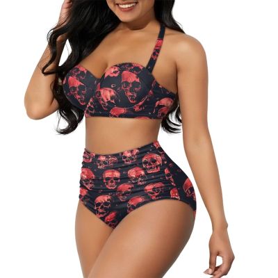 PCSJRKG Skull Printed Bikini Set High Cut Tropical Leaf Printed Swimsuit High Waisted Push Up Swimwear for Women Two Pieces Sexy Bathing Suit Tummy Control, Red and Black