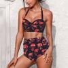 PCSJRKG Skull Printed Bikini Set High Cut Tropical Leaf Printed Swimsuit High Waisted Push Up Swimwear for Women Two Pieces Sexy Bathing Suit Tummy Control, Red and Black view 2