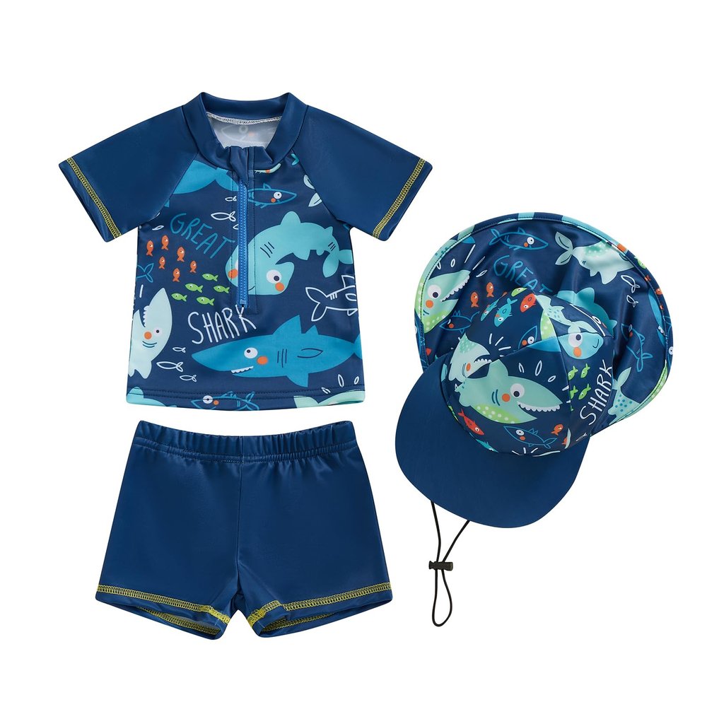 Toddler Baby Boys 3 Pieces Swimsuit Set Swimwear Dinosaur Shark Zipper Bathing Suit UPF 50+ Rash Guards with Hat (ZA Short Sleeve Blue Shark, 2-3 Years)
