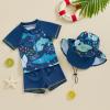 Toddler Baby Boys 3 Pieces Swimsuit Set Swimwear Dinosaur Shark Zipper Bathing Suit UPF 50+ Rash Guards with Hat (ZA Short Sleeve Blue Shark, 2-3 Years) view 3