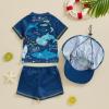 Toddler Baby Boys 3 Pieces Swimsuit Set Swimwear Dinosaur Shark Zipper Bathing Suit UPF 50+ Rash Guards with Hat (ZA Short Sleeve Blue Shark, 2-3 Years) view 4