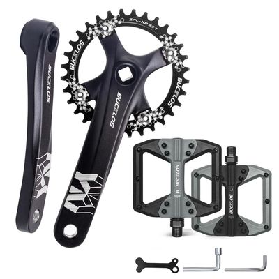 BUCKLOS MTB Mountain Bike Single Speed Square Taper Crankset -170mm Cranksets Bicycle Crank Set with 104BCD 32/34/36/38/40/42T Round/Oval Chainring,MTB Flat Nylon Bicycle Pedal with Large Platform