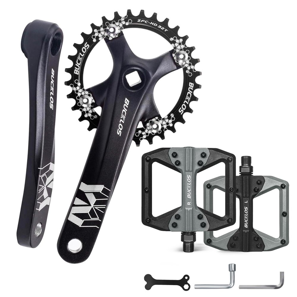 BUCKLOS MTB Mountain Bike Single Speed Square Taper Crankset -170mm Cranksets Bicycle Crank Set with 104BCD 32/34/36/38/40/42T Round/Oval Chainring,MTB Flat Nylon Bicycle Pedal with Large Platform