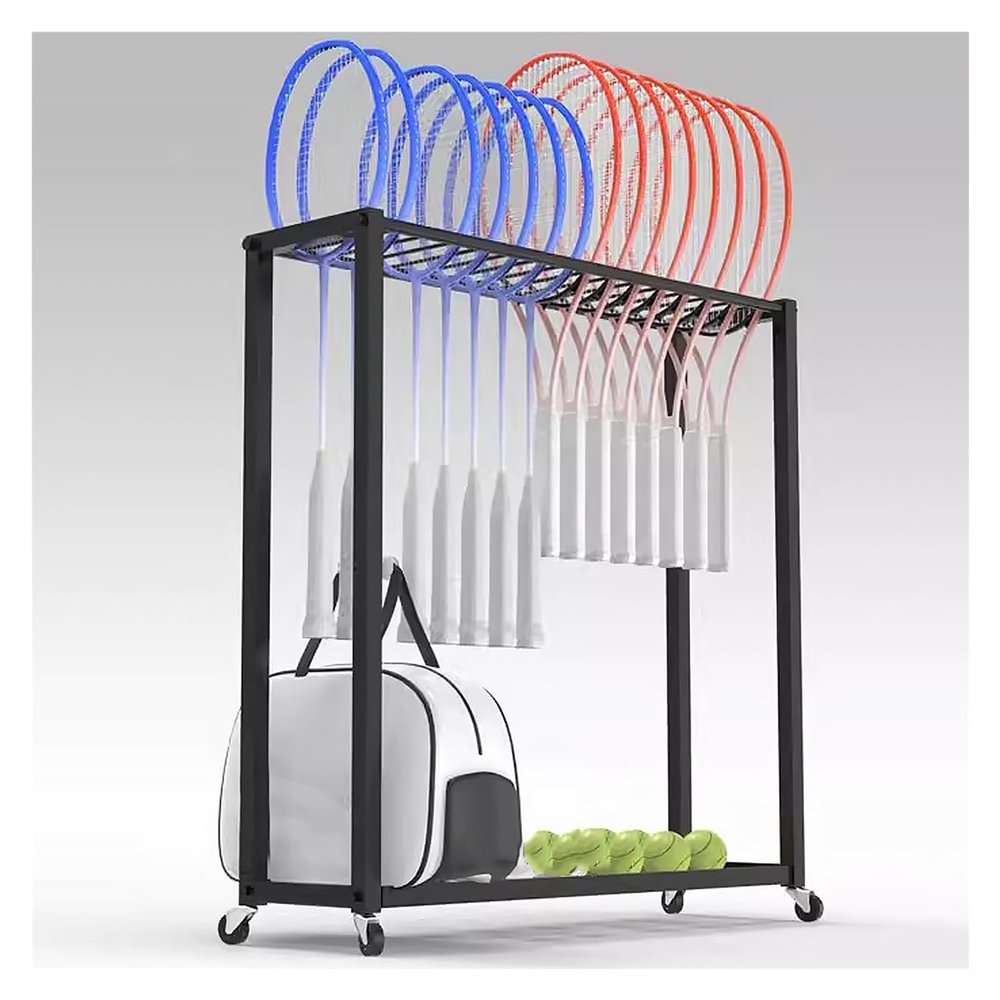 LZMZMQ Sports Racquet Storage Cart, Portable Rolling Tennis Badminton Racquet Organizer Holder with Hollowed Bottom Shelf, for Gymnasium/Court/Clubs, Black Steel Frame