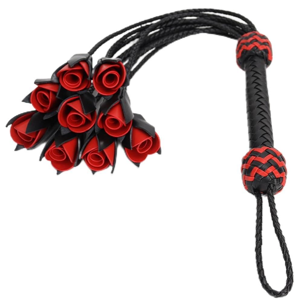 Dermica Rose Whips 26"" Leather Horse Crop, Red Riding Crop Whip, Head Layer Cowhide Crop Whips, Leather Horse Crop Whip for Couples (Black), Large