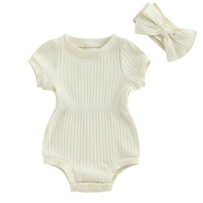 Baby Girls Romper Round Neck Short Sleeve Ribbed Daisy Bodysuit Toddler Summer Smocked Romper Clothes with Headband (Solid Beige, 9-12 Months)