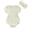 Baby Girls Romper Round Neck Short Sleeve Ribbed Daisy Bodysuit Toddler Summer Smocked Romper Clothes with Headband (Solid Beige, 9-12 Months) view 1