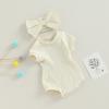Baby Girls Romper Round Neck Short Sleeve Ribbed Daisy Bodysuit Toddler Summer Smocked Romper Clothes with Headband (Solid Beige, 9-12 Months) view 2