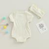 Baby Girls Romper Round Neck Short Sleeve Ribbed Daisy Bodysuit Toddler Summer Smocked Romper Clothes with Headband (Solid Beige, 9-12 Months) view 3