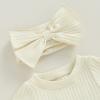 Baby Girls Romper Round Neck Short Sleeve Ribbed Daisy Bodysuit Toddler Summer Smocked Romper Clothes with Headband (Solid Beige, 9-12 Months) view 4