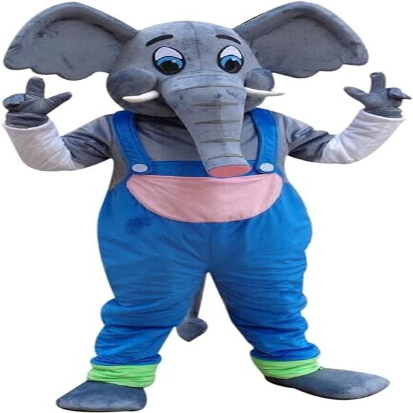 Happy Elephant Mascot Costume in Blue Overall Adult Size for Men & Women with Built-in Fan Inside the Head