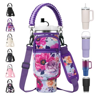 AceTreker 40 oz Stanley Cup Carrier Bag with Phone Pocket, Neoprene Insulated Travel Mug Holder w/Paracord Handle & Straw Cover, Sleeve Tumbler Pouch for Stanley Cup Accessories-Purple Rose