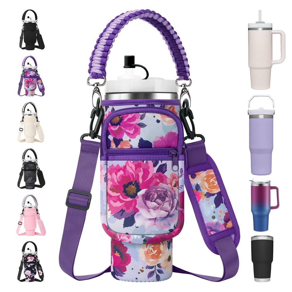 AceTreker 40 oz Stanley Cup Carrier Bag with Phone Pocket, Neoprene Insulated Travel Mug Holder w/Paracord Handle & Straw Cover, Sleeve Tumbler Pouch for Stanley Cup Accessories-Purple Rose