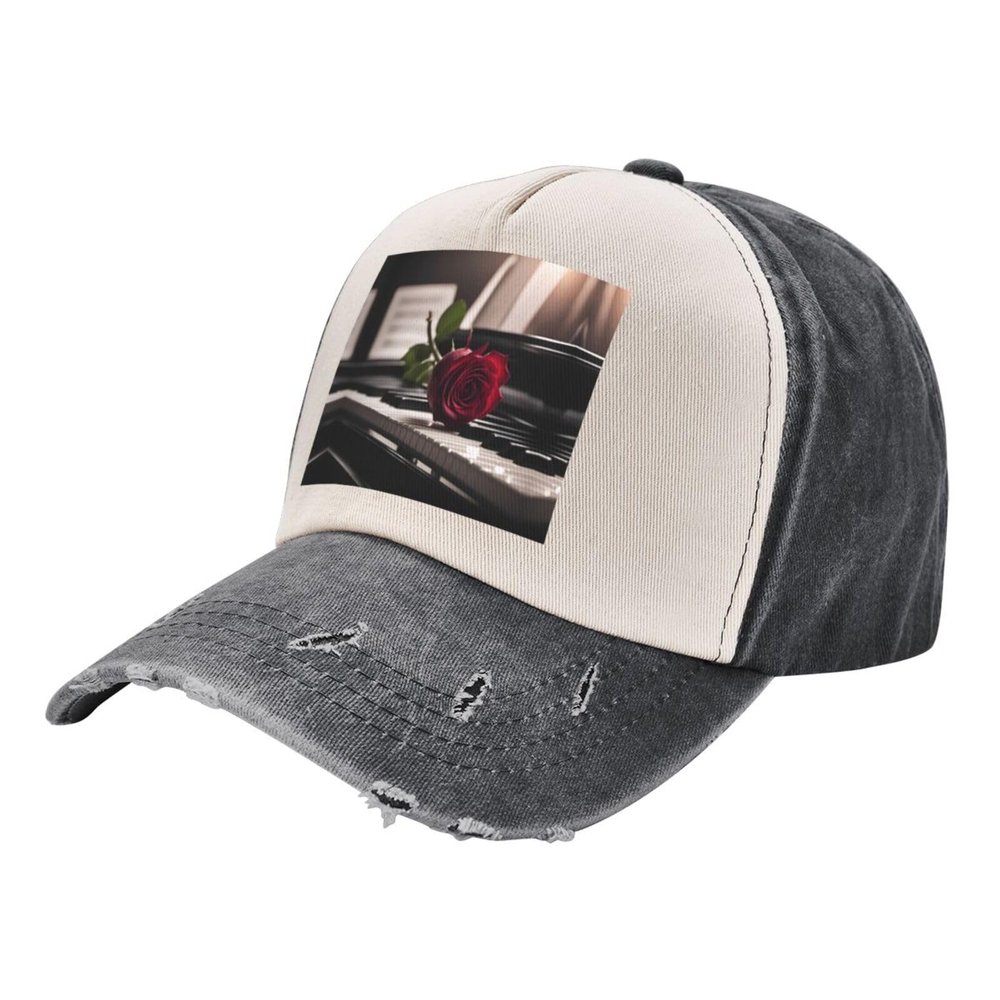 Red Rose On Piano Stylish Faded Denim Baseball Cap-Vintage Washed Hat,Adding A Vintage Touch to Your Outfit
