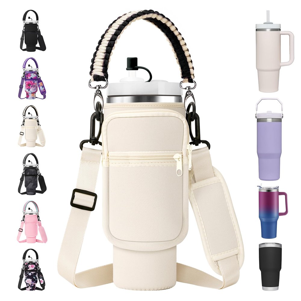 AceTreker 40 30 oz Stanley Cup Carrier Bag with Strap & Straw Cover, Vacuum Stainless Steel Rambler Sleeve with Phone Pocket, Neoprene Water Flask Holder Pouch for Stanley Tumbler Accessories-Cream