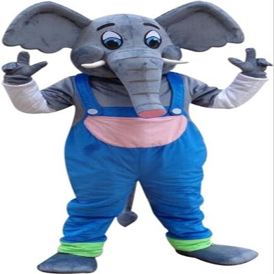 Happy Elephant Mascot Costume in Blue Overall Adult Size for Men & Women with Built-in Fan Inside the Head