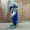 Happy Elephant Mascot Costume in Blue Overall Adult Size for Men & Women with Built-in Fan Inside the Head view 3