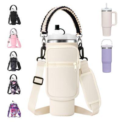 AceTreker Water Bottle Sleeve with Paracord Handle for Stanley 40/30 oz Tumbler Insulated Thermos Car Mug Carrier Pouch with Phone Pocket & Straw Cover for Stanley Cup Accessories-Cream
