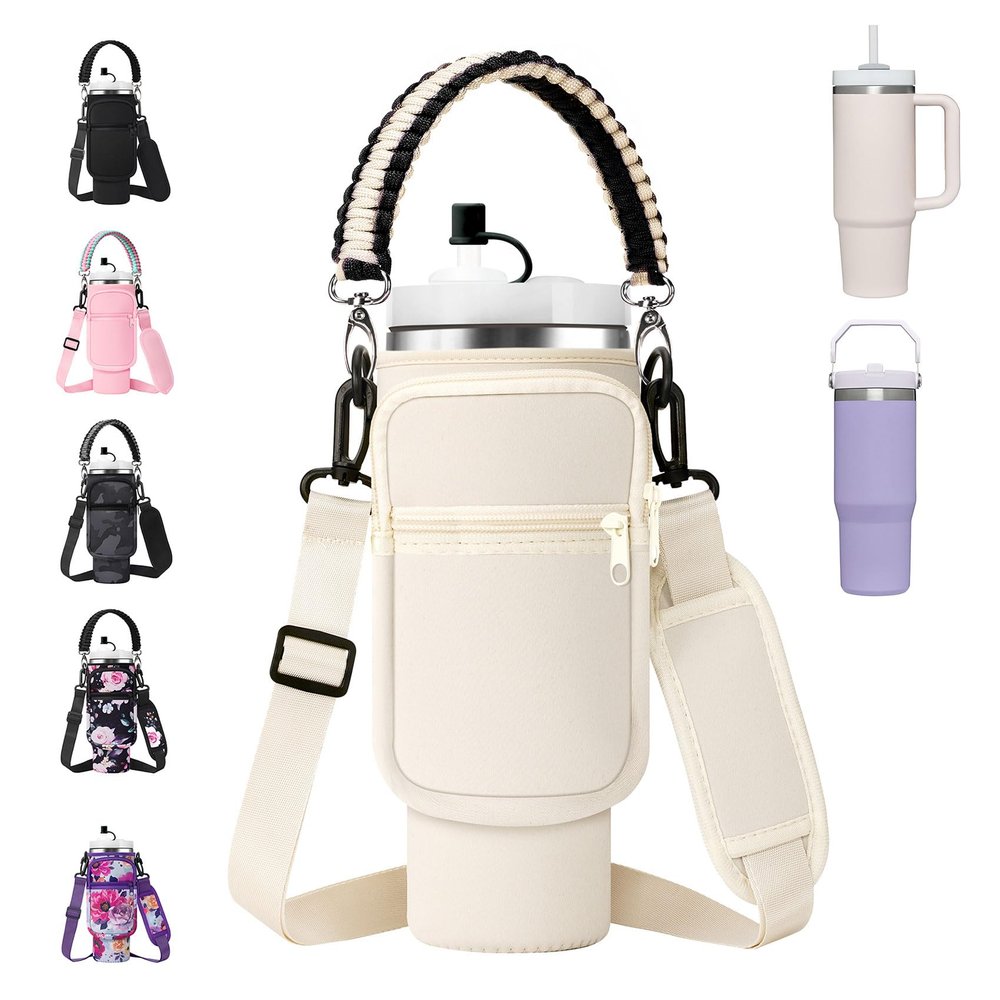 AceTreker Water Bottle Sleeve with Paracord Handle for Stanley 40/30 oz Tumbler Insulated Thermos Car Mug Carrier Pouch with Phone Pocket & Straw Cover for Stanley Cup Accessories-Cream
