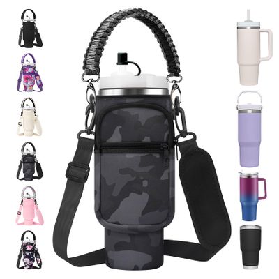 AceTreker Water Bottle Sleeve Pouch with Strap for Stanley 40/30 oz Tumbler Insulated Thermos Cup Carrier Bag with Paracord Handle & Phone Pocket & Straw Cover for Car Gym Home-Black Camo