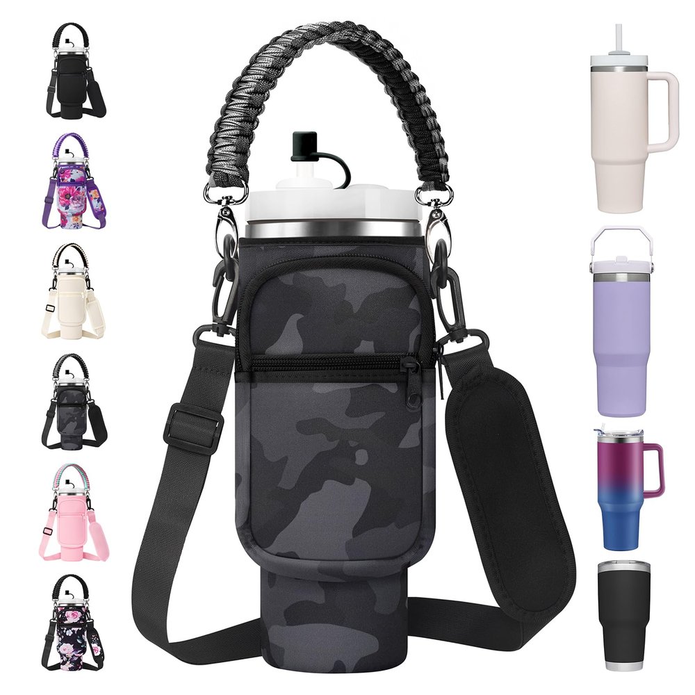 AceTreker Water Bottle Sleeve Pouch with Strap for Stanley 40/30 oz Tumbler Insulated Thermos Cup Carrier Bag with Paracord Handle & Phone Pocket & Straw Cover for Car Gym Home-Black Camo