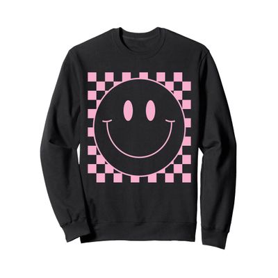 70s Pink Checkered Smile Face Cute Happy Peace Smiling Face Sweatshirt