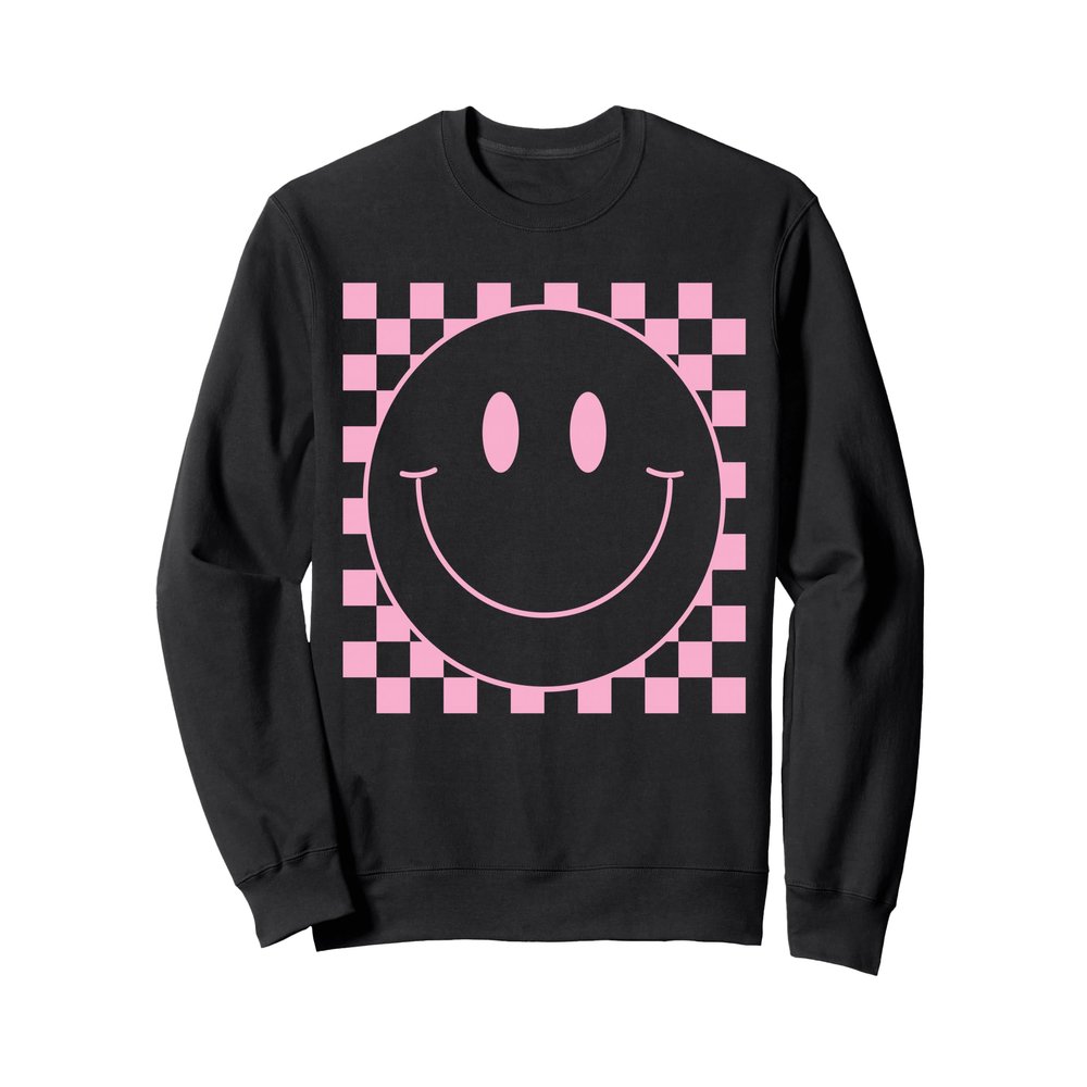 70s Pink Checkered Smile Face Cute Happy Peace Smiling Face Sweatshirt