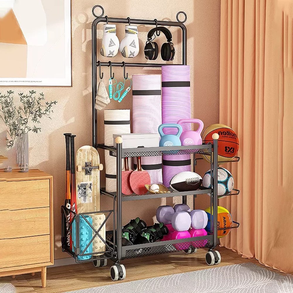 Yoga Mat Storage Floor Yoga Mat Storage Rack,Heavy Duty Workout Equipment Holder with Hooks & Wheels,Home Gym Storage Organizer for Dumbbell Foam Roller