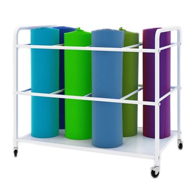 White Yoga Mat Storage Cart Organizer with Wheels,Large Capacity Freestanding Metal Foam Roller Display Stand for Yoga Studio,Home,Gym,Studio,Gym