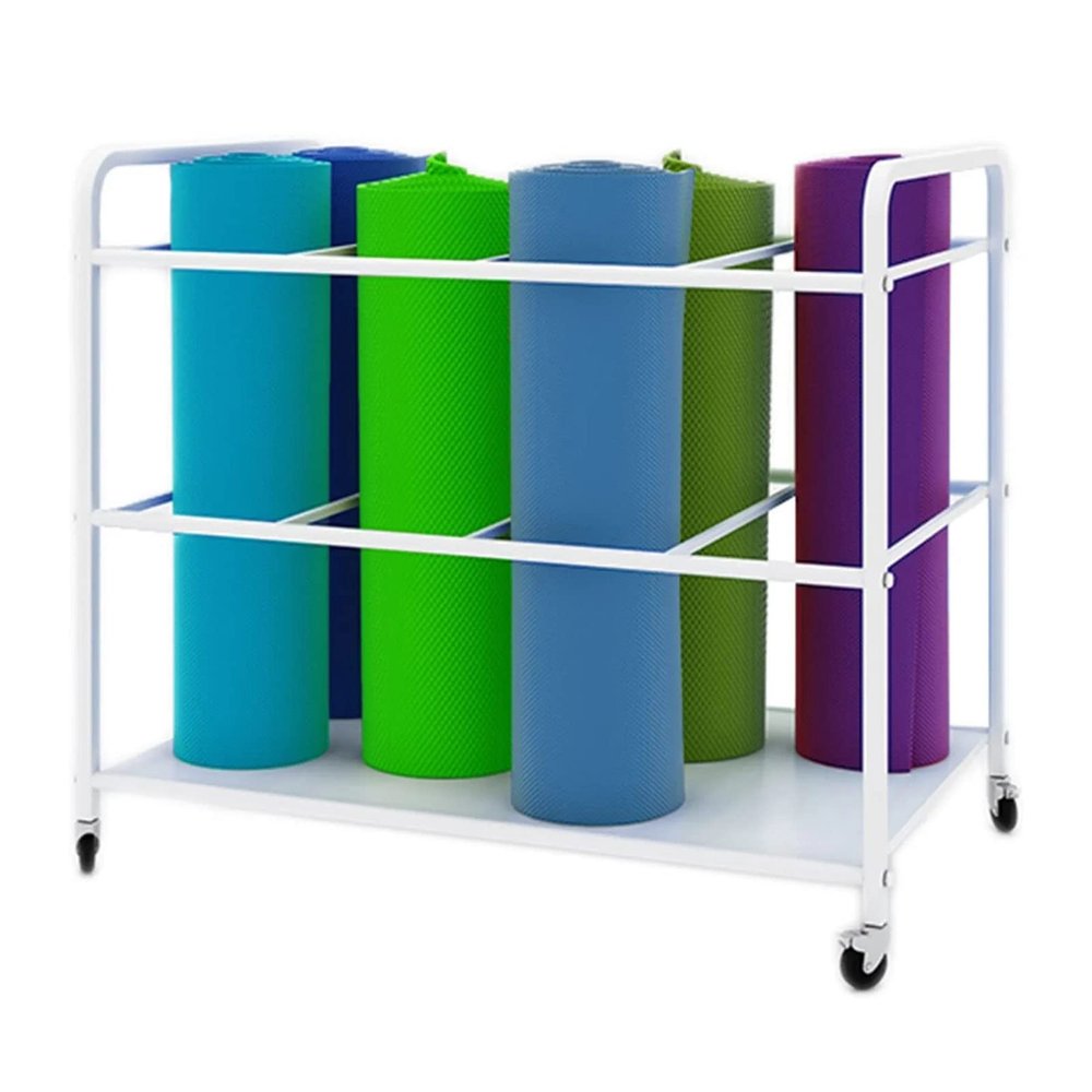 White Yoga Mat Storage Cart Organizer with Wheels,Large Capacity Freestanding Metal Foam Roller Display Stand for Yoga Studio,Home,Gym,Studio,Gym
