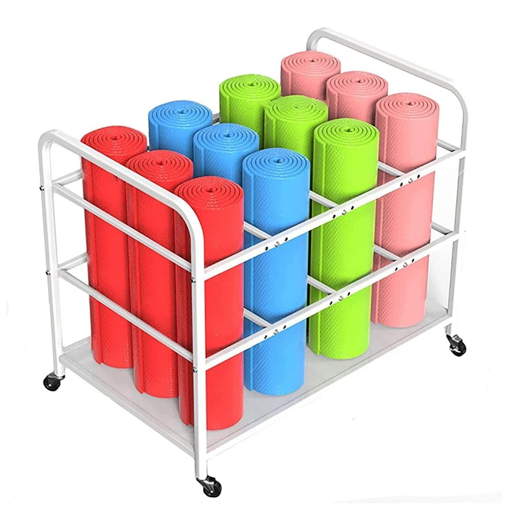 Large Rolling Yoga Mat Storage Cart with Wheels,White Foam Rollers Rack for Gym Studio Office Fitness Class,Capacity Sturdy Yoga Mat Rack Organizer/80 * 50 * 70Cm